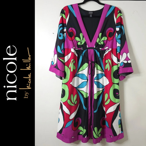 NICOLE MILLER 3/4 Sleeves Vibrant Colorful Retro Boho Dress with Waist Tie, 14 - Picture 1 of 15